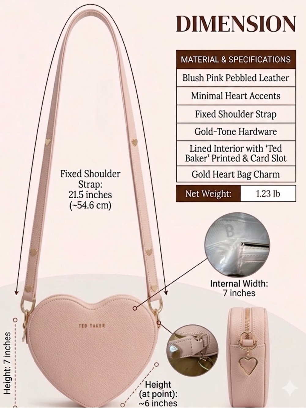 Ted Baker Pale Pink Pebbled Leather Heart-Shaped Crossbody Bag  gold -accents - Picture 2 of 15